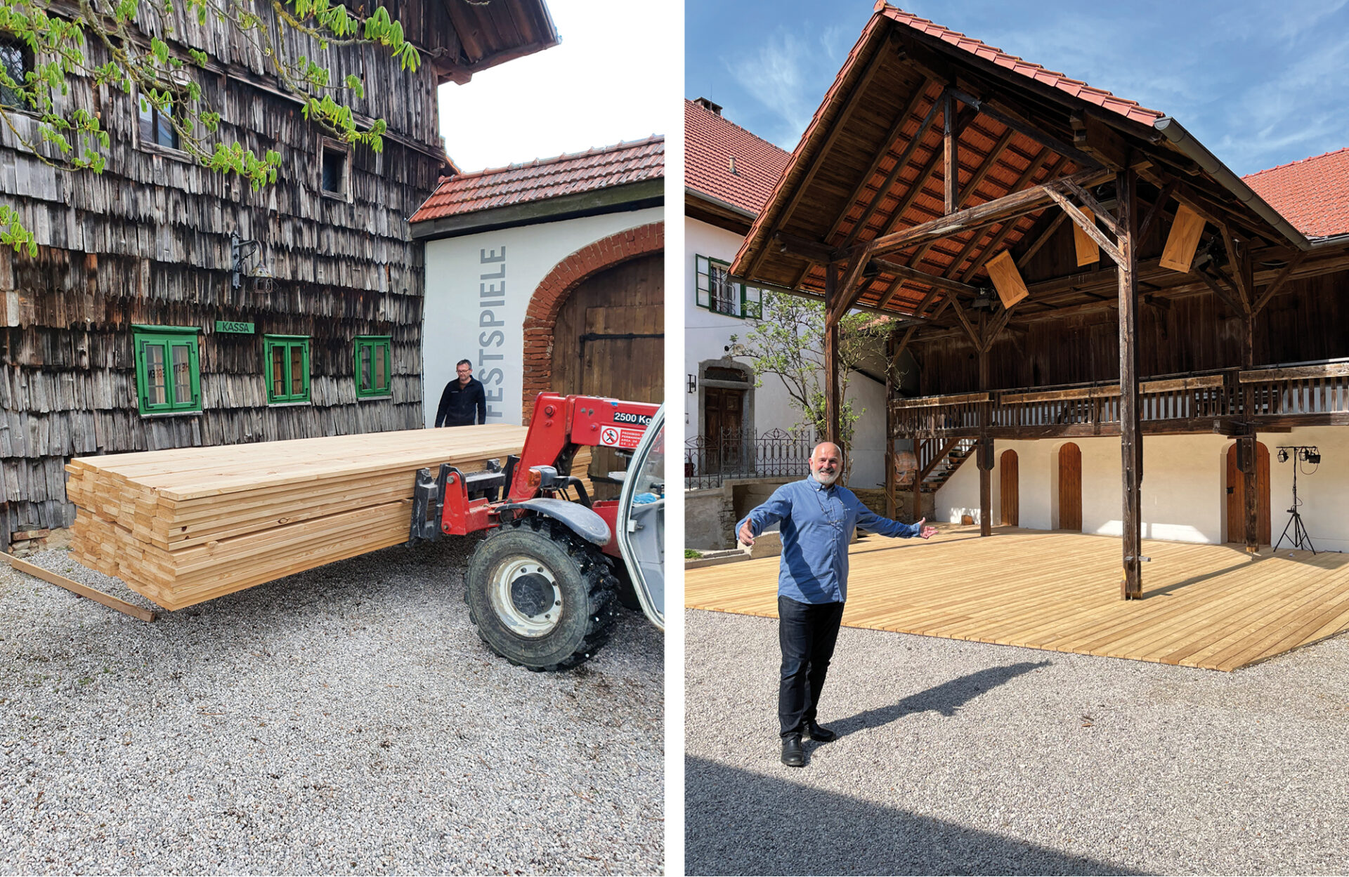 Traktor mit Holzbrettern und Fritz Egger mit fertiger Bühne